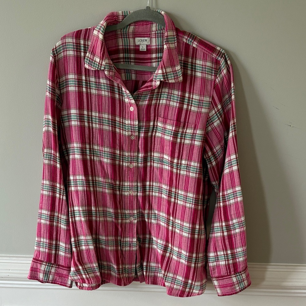 J Crew Factory Pink Madras Plaid top size Large